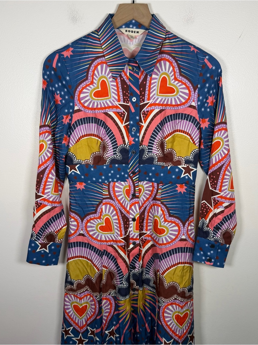 Boden Empire Hotched Shirt Dress Starburst Heart Print Midi US 4P Button Front - Picture 6 of 10
